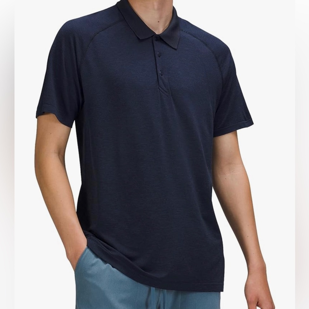 MENS LULULEMON METAL VENT TECH POLO SHORT SLEEVE MEDIUM NAVY BLUE